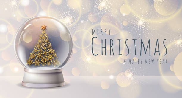 istock Realistic vector illustration of snow globe with golden christmas tree inside. Blurred holiday christmas sparkle background 1192114739