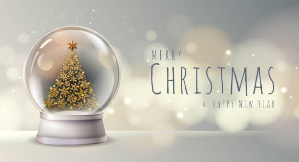 istock Realistic vector illustration of snow globe with golden christmas tree inside. Blurred holiday christmas sparkle background 1192115085