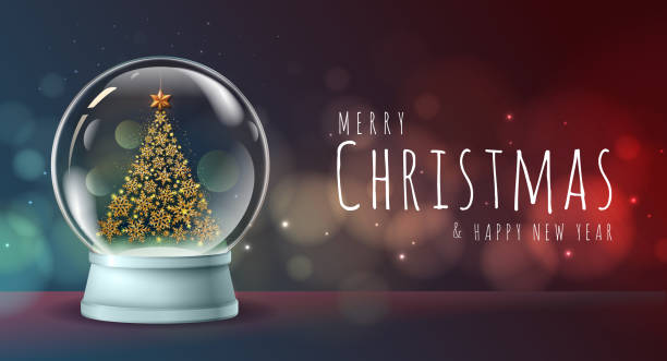 istock Realistic vector illustration of snow globe with golden christmas tree inside. Blurred holiday christmas sparkle background 1192115115