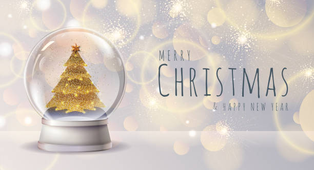 istock Realistic vector illustration of snow globe with golden christmas tree inside. Blurred holiday christmas sparkle background 1192115468