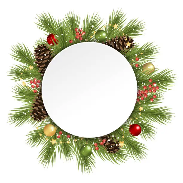 Vector illustration of christmas fir branches behind white empty frame