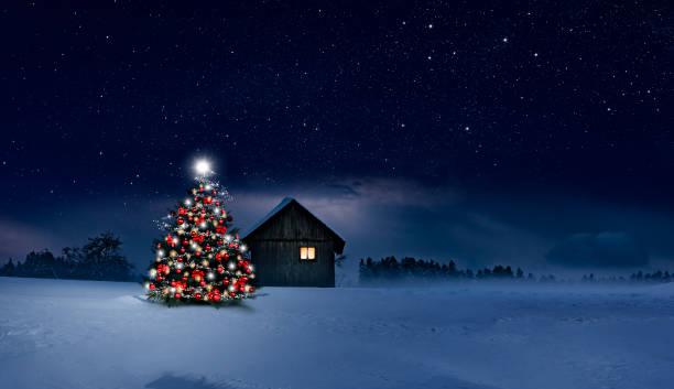 istock cozy Cottage with bright christmas tree 1192116229