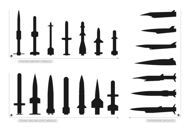 The black vector set of different types of missiles is on a white background. The set of black silhouettes of different types of missiles there are fighter aircraft missiles, cruise missiles, ballistic missiles, and hypersonic rockets that are isolated on a white background. nuclear weapon stock illustrations