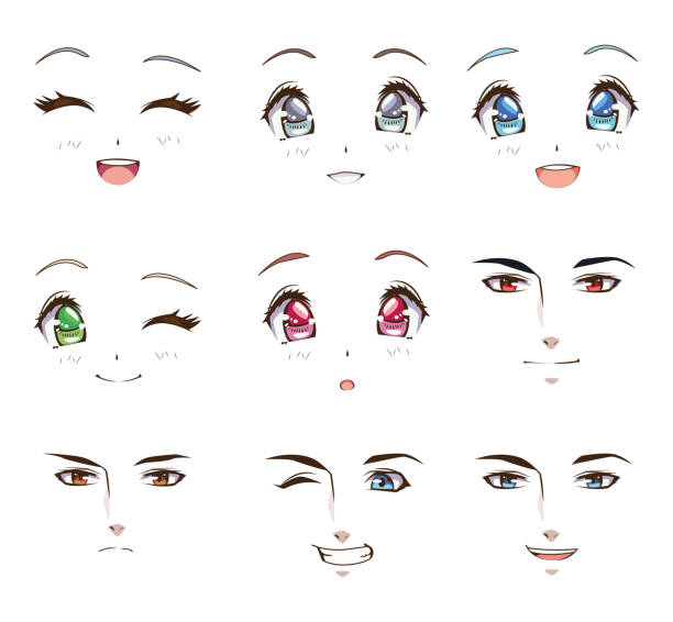 group of young people faces anime style characters group of young people faces anime style characters vector illustration design cartoon human face eye stock illustrations
