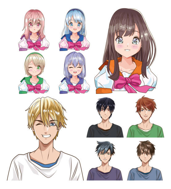 ilustraciones, imágenes clip art, dibujos animados e iconos de stock de grupo de jóvenes personajes de estilo anime - princesa de anime