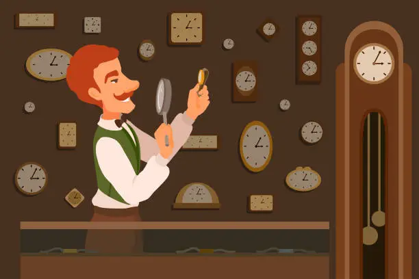 Vector illustration of A watchmaker holding a wristwatch, looking on them through a magnifying glass, smiling.