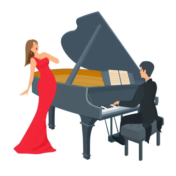 Vector illustration of A young pianist and a beautiful woman singer.