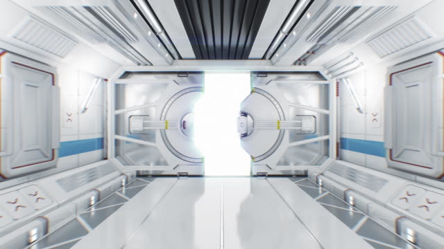 Moving Through the Abstract Spaceship Tunnel to Opening Gateway. 3d Animation with Alpha Mask. Beautiful Futuristic Interior of Spaceship with Opening Door to White Light.