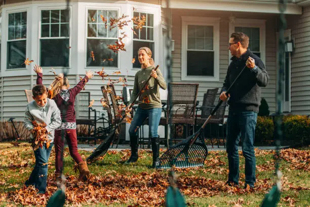 Happy family raking autumn leaves. Parents work while children throwing up leaves.