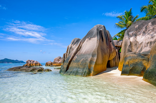 Coast of the tropical island of La Digue, Indian Ocean, Seychelles.