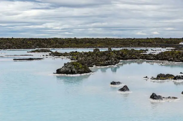 Photo of Geothermal power station at Blue lagoon Iceland. Popular tourist attraction. Very serene landscape