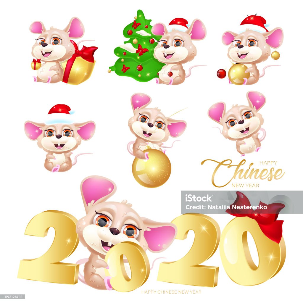 Ilustración de Ratones Lindos Kawaii Personajes De Dibujos Animados Paquete  De Pegatinas Signo Del Zodíaco De Rata Feliz Año Nuevo Chino Conjunto De  Ilustración Plana Con Símbolo De 2020 Emojis Vectoriales De