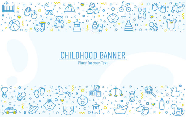 Baby banner with line icons. Vector background. Baby banner with line icons - children's toys, food, clothes. Newborn and kids, feeding and care themes. Vector horizontal background with outline symbols and copy space. new baby stock illustrations
