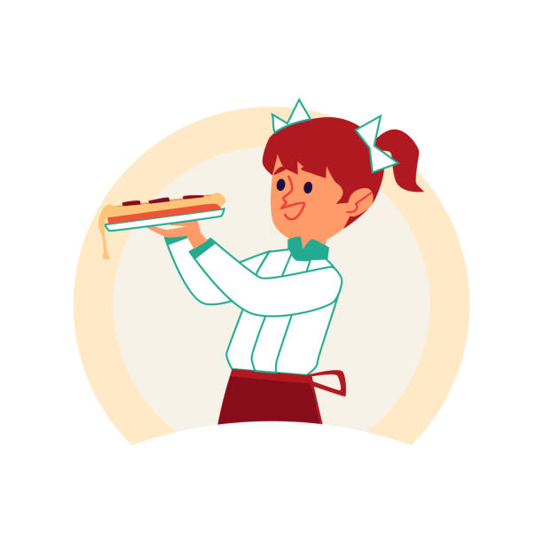 ilustrações de stock, clip art, desenhos animados e ícones de little caucasian red haired girl with pigtails and bows carries pizza. - pigtails ethnic little girls teenage girls