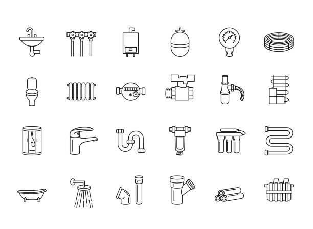 Set of plumbing icons. Plumber, faucet,water filter, piping, septic, bathtub, valve, water meter,tap, sewer, washbasin, restroom,shower stall,sink,bath,washing machine, dishwasher, bidet,water supply Set of plumbing icons. Plumber, faucet,water filter, piping, septic, bathtub, valve, water meter,tap, sewer, washbasin, restroom,shower stall,sink,bath,washing machine, dishwasher, bidet,water supply. radiator stock illustrations