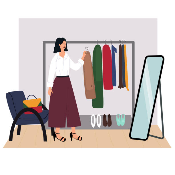 ilustraciones, imágenes clip art, dibujos animados e iconos de stock de la mujer va a ir a trabajar. la joven se puso el abrigo delante del espejo. concepto de showroom o tienda. rutina diaria. vector plano en estilo de dibujos animados lindo - getting dressed illustrations