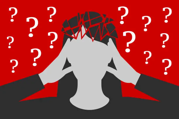 Vector illustration of Woman is suffering from headache caused by unresolved questions