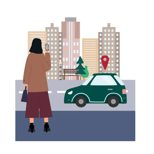 Vector illustration of Woman  with smartphone ordered a car by online city car sharing service. Girl going to work. Mobile transportation concept. Everyday routine . Flat colorful vector illustration.