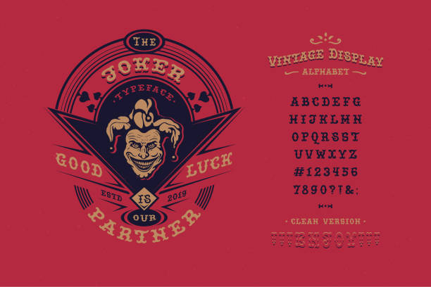Display hand crafted vintage Font Joker. Letters and number Font Joker. Hand crafted retro typeface design. Handmade lettering. Vintage display alphabet. Vector graphic illustration old badge label logo template. poker card tattoos stock illustrations