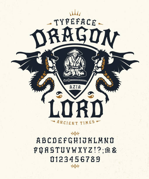 Font Dragon Lord. Pop vintage letters, numbers Font Dragon Lord. Craft retro vintage typeface design. Fashion graphic display alphabet. Pop modern vector letters. Latin characters numbers. Vector illustration old badge label logo tee template. ancient chinese weapons stock illustrations