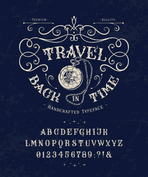 Font Travel Back in Time. Vintage letters, numbers Font Travel Back in Time. Craft retro vintage typeface design. Graphic display alphabet. Historic style letters. Latin characters and numbers. Vector illustration. Old badge, label, logo template. clock borders stock illustrations