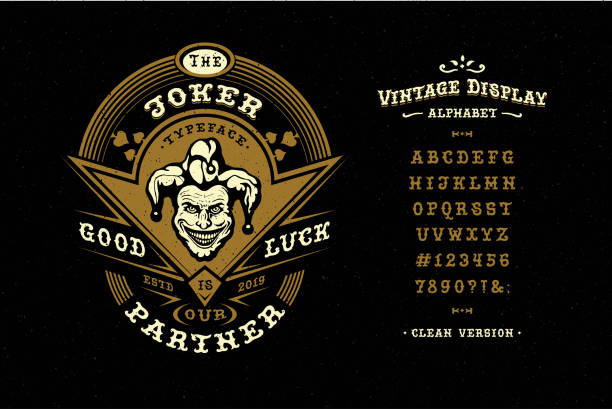 Display hand crafted vintage Font Joker. Letters and number Font Joker. Hand crafted retro typeface design. Handmade lettering. Vintage display alphabet. Vector graphic illustration old badge label logo template. poker card tattoos stock illustrations