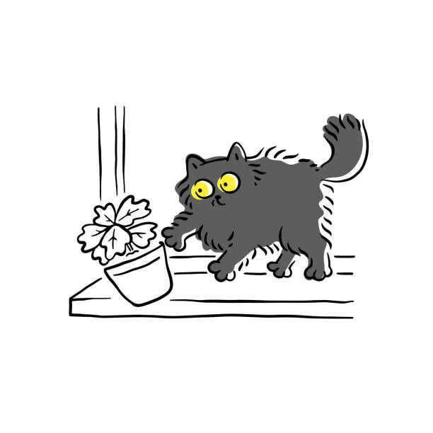 Cartoon Cat Pushing A Flower Pot Off The Window Sill Funny Naughty Pet  Animal Breaking Things Stock Illustration - Download Image Now - iStock