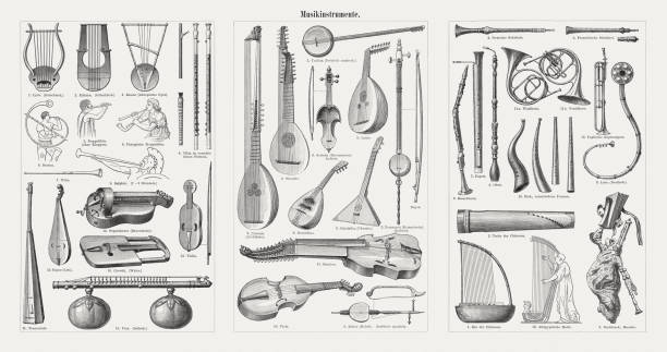 instrumenty muzyczne, ryciny drewniane, opublikowane w 1900 roku - medieval music stock illustrations