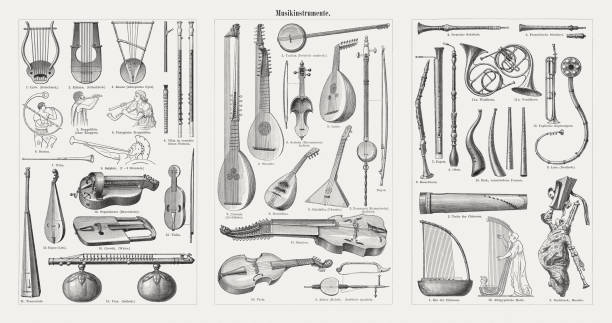 Musical instruments, wood engravings, published in 1900 Musical instruments, left: 1) Lyra (Greek); 2) Cithara (Greek); 3) Kissar (Ethiopian lyra); 4) Aulos (Tibia, Greek); 5) Double flute (without flaps); 6) Phrygian double flute; 7) Tuba (Roan); 8) Bucina (Roman); 9) Salpinx (Roman); 10) Crewth (Wales); 11) Tromba marina; 12) Vielle; 13) Gigue (Lyra); 14) Organistrum (Hurdy-gurdy); 15) Vina (Indian). Center: 1) Tanbur (Persian-Arabic); 2) Kemangeh (Arabic); 3) Rebec (Arabic-Spanish); 4) Serinda (Ghichak, Indian); 5) Lute; 6) Theorbo; 7) Archlute; 8) Mandolin; 9) Balalaika (Ukrain); 10) Viola; 11) Baryton. Right: 1) Ancient Chinese harp; 2) Guqin (Chinese); 3) Lur (Scandinavian); 4) Shawm (German); 5) Shawm (French); 6) Oboe; 7) Bassoon; 8) Bagpipe (musette); 9) Basset horn; 10) Cornett (different shapes); 11a) French horn; 11b) French horn (valve); 12) Slide Trumpet (English); 13) Egyptian harp. Wood engravings, published in 1900. welsh culture stock illustrations
