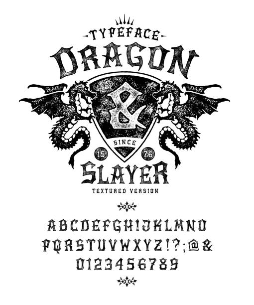 Font Dragon Lord. Pop vintage letters, numbers Font Dragon Slayer. Craft retro vintage typeface design. Fashion graphic display alphabet. Pop modern vector letters. Latin characters numbers. Vector illustration old badge label logo tee template. fairy tale font stock illustrations