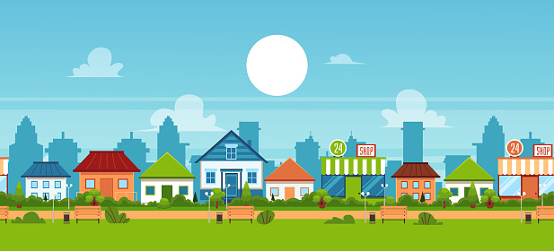 Suburban town landscape banner with small cottage houses and green summer park with benches - cute flat cartoon vector illustration of small residential district