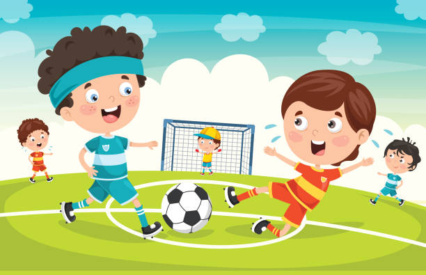 kleine kinder spielen fußball im freien - jugendfußball stock-grafiken, -clipart, -cartoons und -symbole
