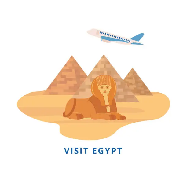 Vector illustration of Visit Egypt - tourism banner sticker with landmark travel destination of Giza pyramids and Sphinx