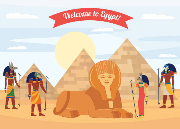 istock Welcome to Egypt banner or flyer with pyramids and ancient gods vector illustration. 1192144399