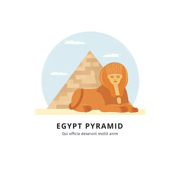 Vector illustration of Egypt pyramid with sphinx - landmark of Giza travel and tourism destination in desert.