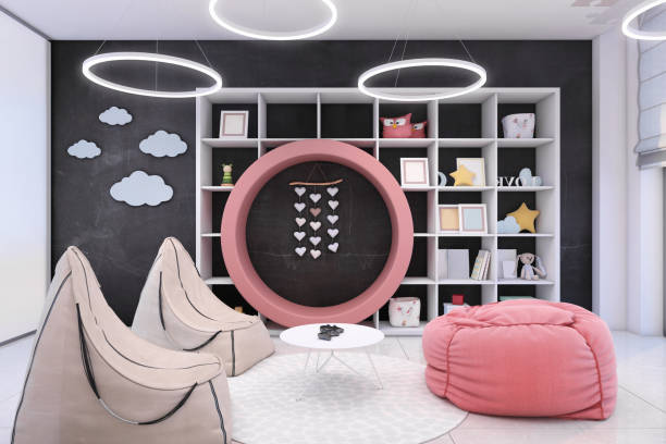 Modern kids room interior with lazy bags