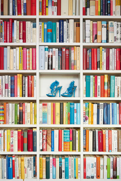 istock Library, white shelves, multi colored books,  one part filled with blue high heels 1192145240