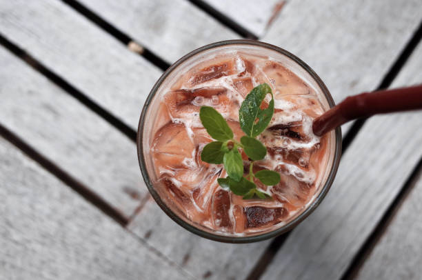 istock Iced coffee with milk, chocolate syrup 1192146501