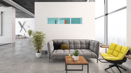 Contemporary open plan office interior with waiting room. Window, concrete floor, white walls, coffee table, sofa, armchair and plant. Template for copy space. Render.