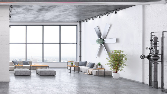 Modern waiting hall in contemporary open-plan office. Concrete textured floor with white wall, sofas, coffee tables and plants. Big window and big wall lamp. Template for copy space. Render.