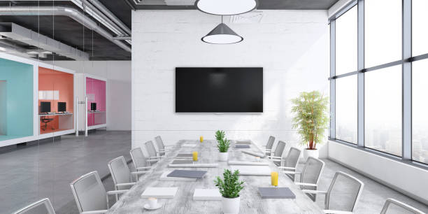 Contemporary open plan office interior Contemporary open plan office interior with conference room and work spaces. Windows, concrete texture floor with yellow chairs, TV screen, pendant lamp, wooden table, computer monitors and office desk. Template for copy space. Render. wall of monitors stock pictures, royalty-free photos & images