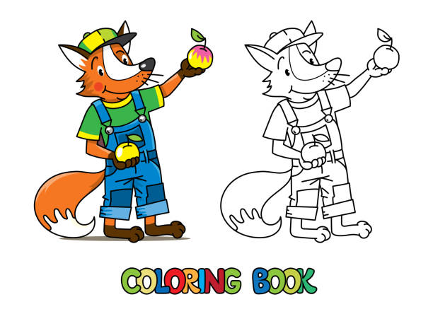 fox rolnik abc kolorowanka. alfabet f - tree book apple apple tree stock illustrations