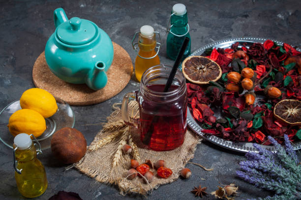 istock Red Hot Hibiscus tea in a glass mug 1192148864