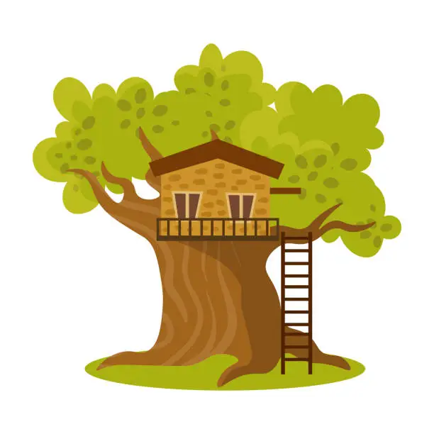 Vector illustration of Cute small treehouse with two windows and stairs. Vector illustration in flat cartoon style