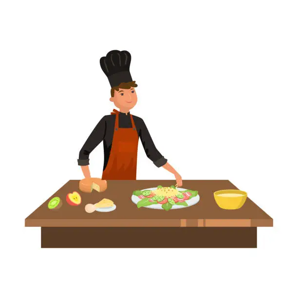 Vector illustration of Man cook in uniform cooking cesar salad vector illustration