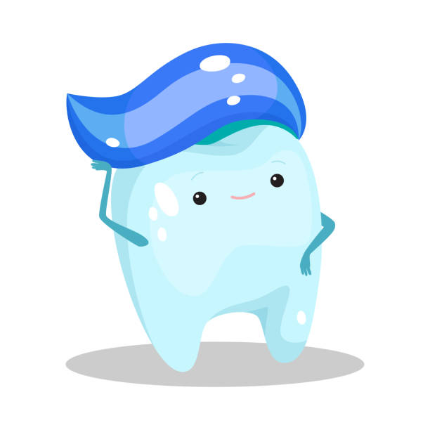 illustrazioni stock, clip art, cartoni animati e icone di tendenza di dente sano blu in piedi con dentifricio sull'illustrazione vettoriale della testa - sbiancamento dentale