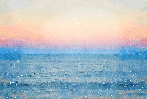 This is my Photographic Image of a Seascape Horizon at Sunset in a Watercolour Effect. Because sometimes you might want a more illustrative image for an organic look. The image was taken in Ruby Bay, Near Mapua, in the Tasman District of New Zealand's South Island.