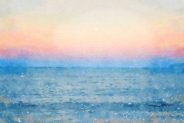 akwarela ilustracja seascape horizon o zachodzie słońca - krajobraz-morski zdjęcia i obrazy z banku zdjęć