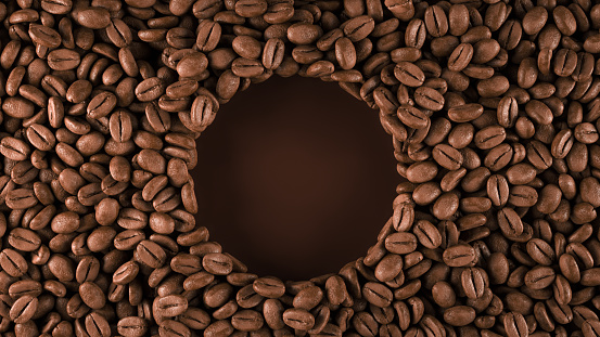 3d rendering of coffee beans background. Circle shape.