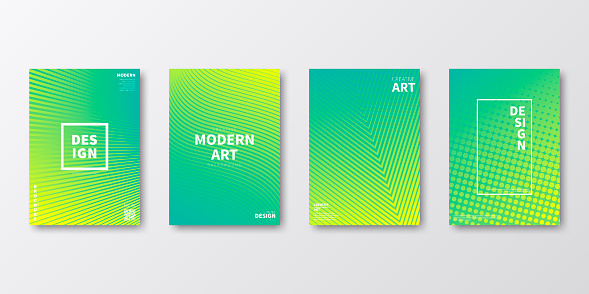 Set of four vertical brochure templates with abstract and geometric backgrounds. Modern and trendy background with color gradients (colors used: Yellow, Green, Blue). Can be used for different designs, such as brochure, cover design, magazine, business annual report, flyer, leaflet, presentations... Template for your design, with space for your text. The layers are named to facilitate your customization. Vector Illustration (EPS10, well layered and grouped). Easy to edit, manipulate, resize or colorize.